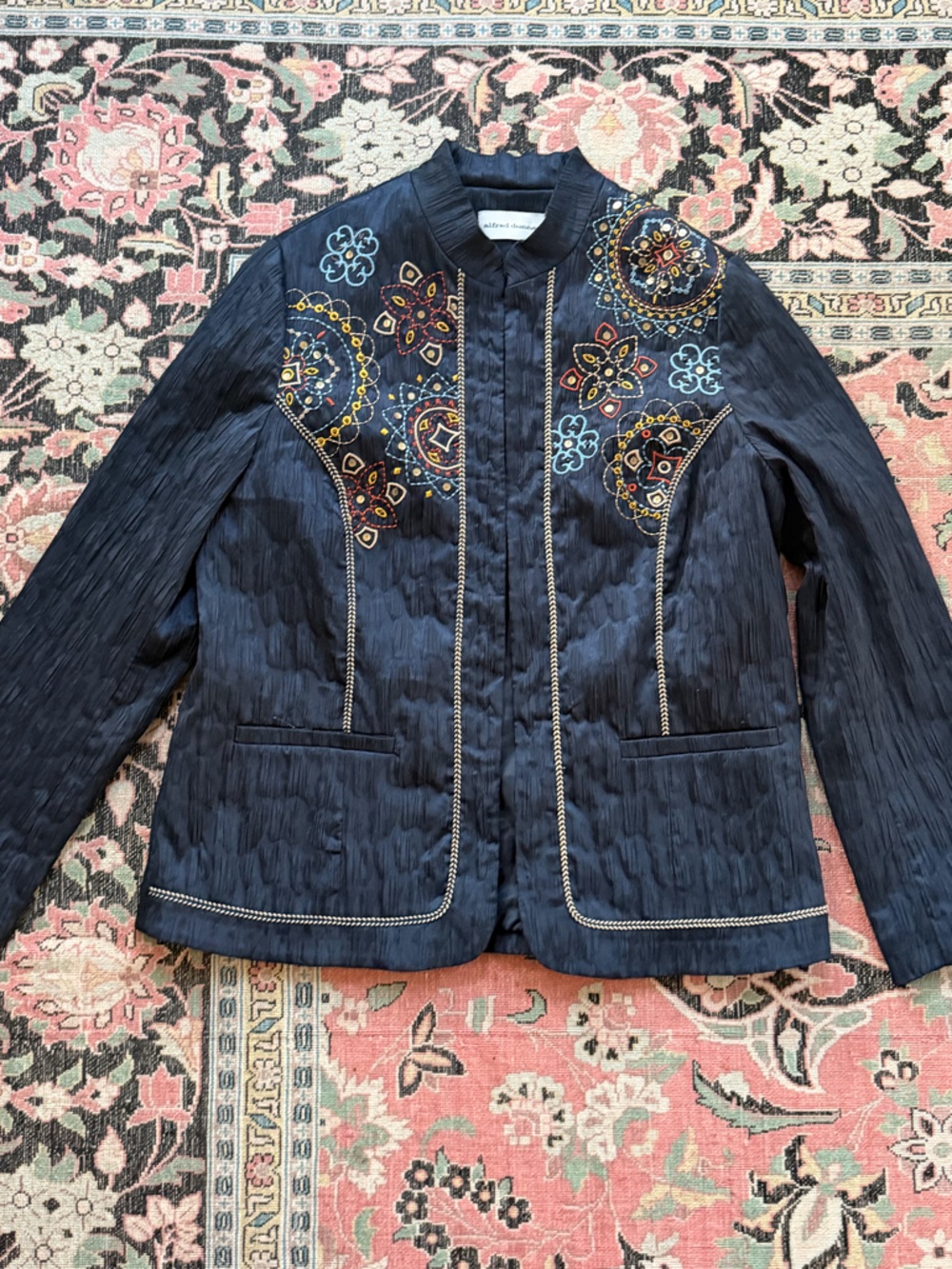 Alfred Dunner Navy Embroidered Stand-Collar Jacket